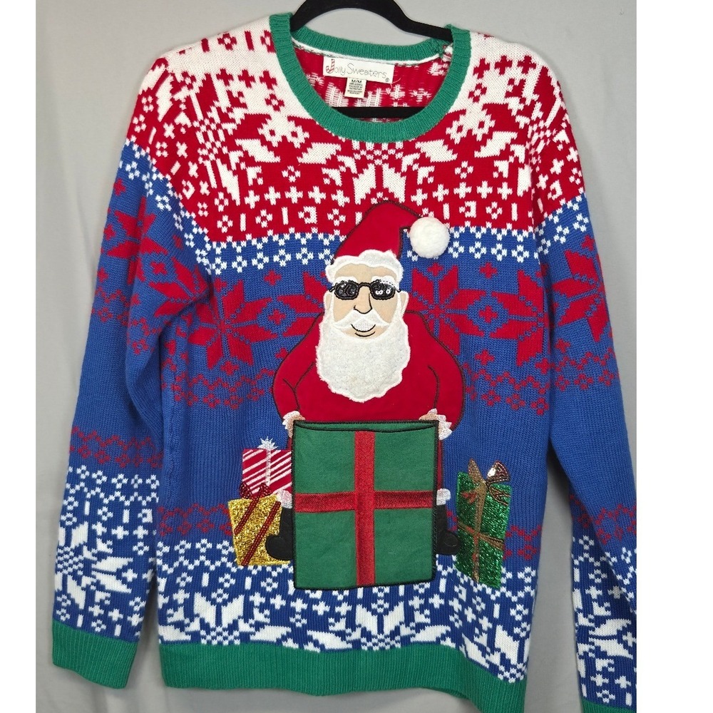 Jolly Sweaters Ugly Christmas Pullover Men's Med Blue Red Santa Novelty Gift Box